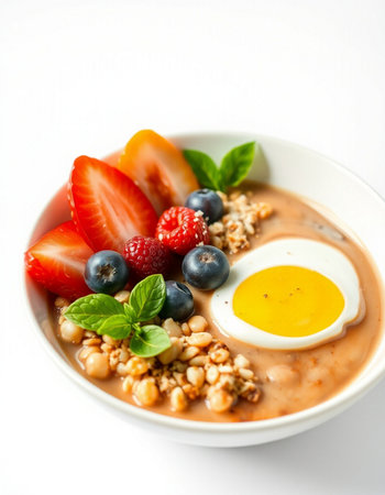 Healthy breakfast bowl with oatmeal, berries and egg on white background