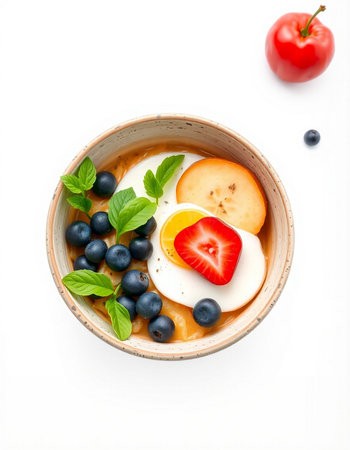 Greek yoghurt with fresh fruits and vegetables isolated on white background