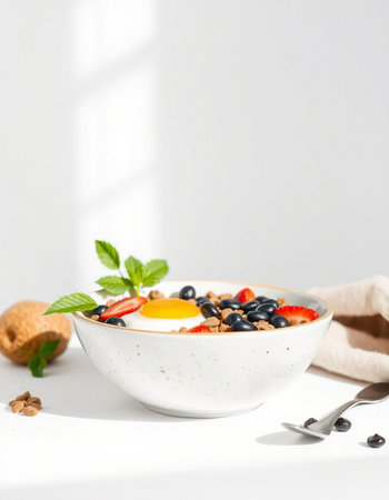 Healthy breakfast with oatmeal, berries and egg on white backgroundの写真素材