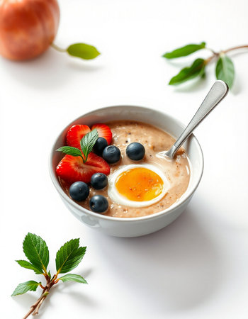 Healthy breakfast. Oatmeal porridge with berries and egg in a bowl.