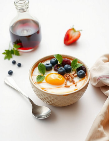 Breakfast with omelet, yogurt and berries on white backgroundの写真素材