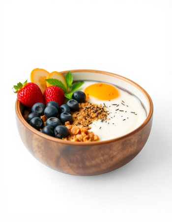 Yogurt with fresh berries in a wooden bowl isolated on white backgroundの写真素材
