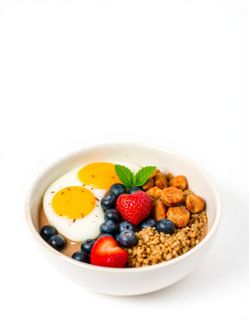 Healthy breakfast with oatmeal, berries and fried egg on white background