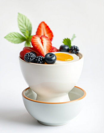 Fruit salad in white bowl with strawberries, blueberries and blackberries