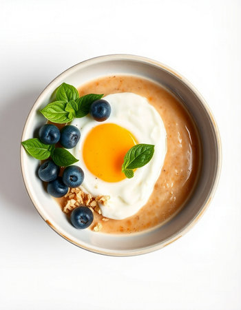 Yogurt with blueberries and egg in a bowl on white background