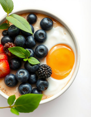 Healthy breakfast with omelet, berries and egg yolk