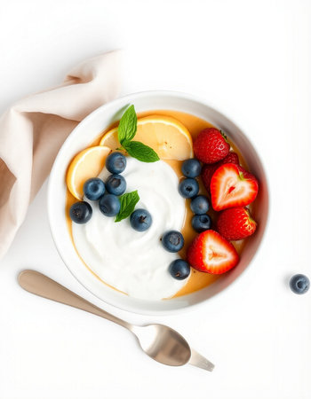 Yogurt with fresh berries on a white background, top viewの写真素材