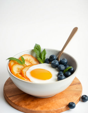 Healthy breakfast with omelet, blueberries, peach and mint