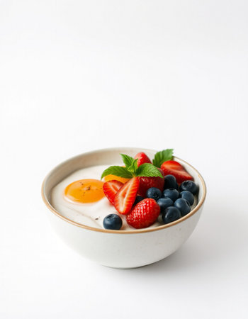 Yogurt with fresh berries and egg in a bowl on white background