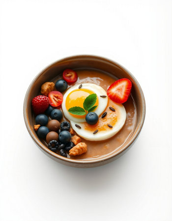 bowl of oatmeal with berries and soft-boiled egg on white background