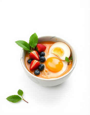 Breakfast with eggs, strawberries and blueberries on a white background