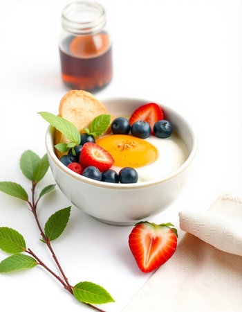 Breakfast with fried egg, fresh berries and jam on white background