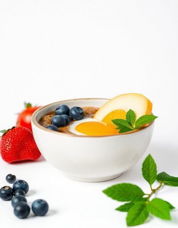 Oatmeal porridge with fresh berries and egg yolk on white background