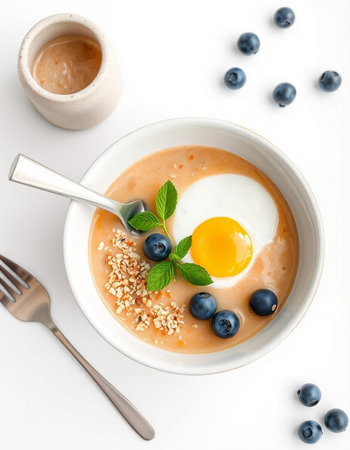 Oatmeal porridge with blueberries and egg in a white bowl