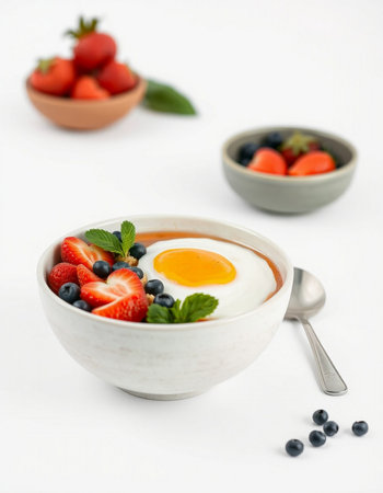 Yogurt with strawberries and blueberries in a bowl on a white background