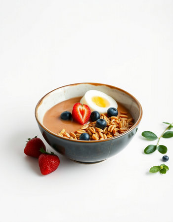 Bowl of yogurt with granola and berries on a white background