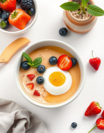 Bowl of oatmeal porridge with berries and egg on white background