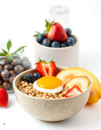 Healthy breakfast with muesli, fruits and egg on white background