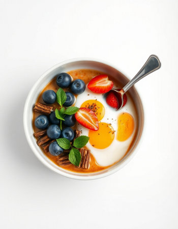 Bowl of yogurt with fresh berries on white background, top view