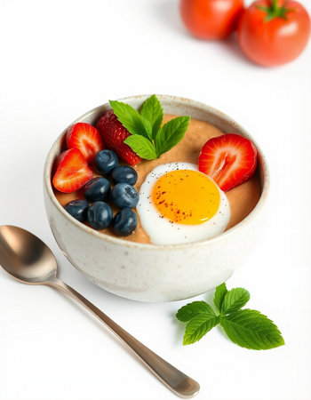 Healthy breakfast bowl with omelet, fresh berries and egg