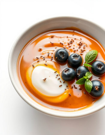 Caramel pudding with fresh blueberries and whipped cream in a bowlの写真素材