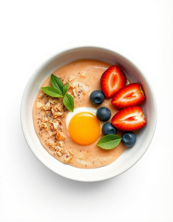 Bowl of oatmeal porridge with fresh berries and egg on white background