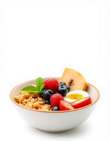Healthy breakfast with muesli and fresh berries on white background