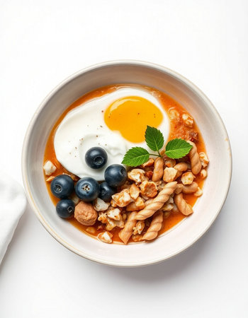 bowl of oatmeal with blueberries and fried egg on white background