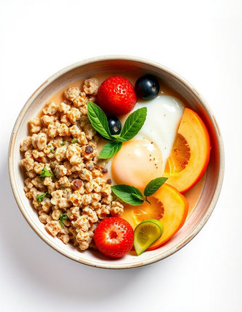 Healthy breakfast bowl with oatmeal, yogurt, berries and fruits