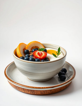 Healthy breakfast bowl with yogurt, fresh fruits and berries on white background