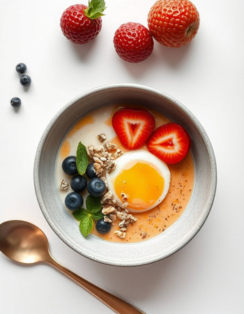 Healthy breakfast bowl with yogurt, berries and egg on white background