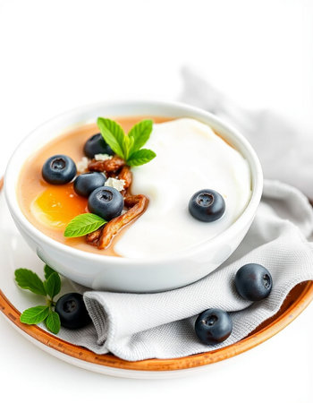 yogurt with blueberries and whipped cream on a white background
