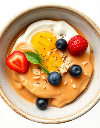 Chocolate pudding with strawberries, blueberries and granola in bowl