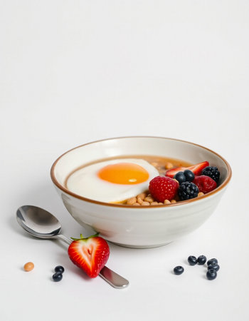 Breakfast with oatmeal, berries and fried egg on white background