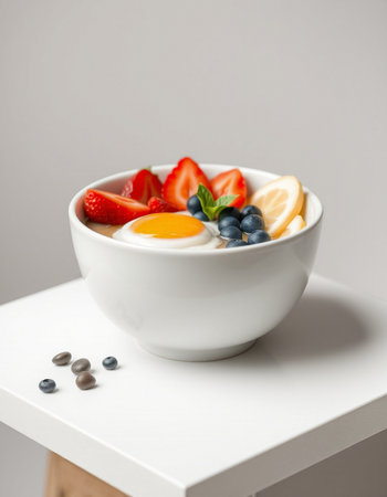 Breakfast bowl with yogurt, fresh berries and eggs on white table