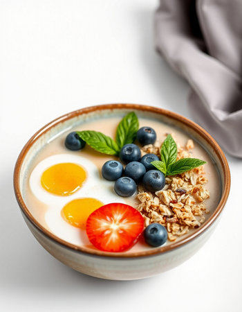 Breakfast with oatmeal, blueberries and strawberries on white background
