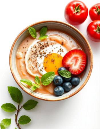 Bowl of oatmeal porridge with fried egg and fresh berries