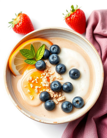 Healthy breakfast bowl with yogurt, berries and fruits isolated on white background