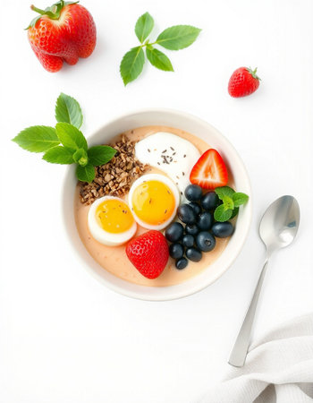Healthy breakfast bowl with oatmeal, berries and eggs on a white background