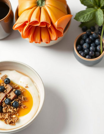 Healthy breakfast with yogurt, granola and berries on white background