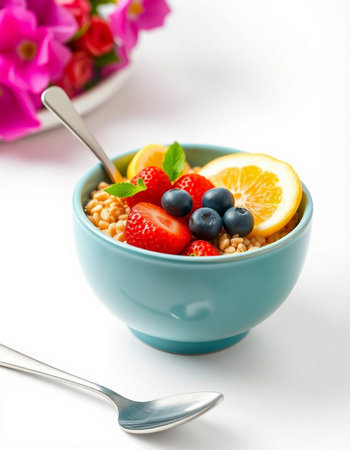 Healthy breakfast. Oatmeal with fresh berries and fruits on white background