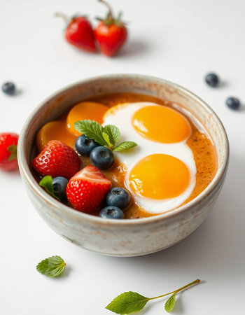 Bowl of omelette with fresh berries and mint on white background