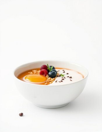 bowl of greek yogurt with fresh berries and oatmeal on white backgroundの写真素材