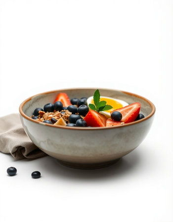 Muesli with strawberries and blueberries in a bowl isolated on white background