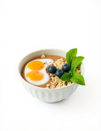 Bowl of oatmeal porridge with blueberries and egg yolk