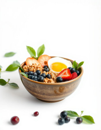 Healthy breakfast with oatmeal, berries and eggs on the white backgroundの写真素材