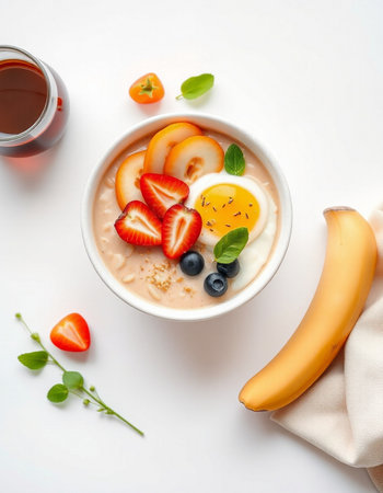 Healthy breakfast bowl with oatmeal, berries, fruits and milkの写真素材