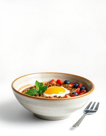 Bowl of oatmeal with fresh berries and egg on white backgroundの写真素材