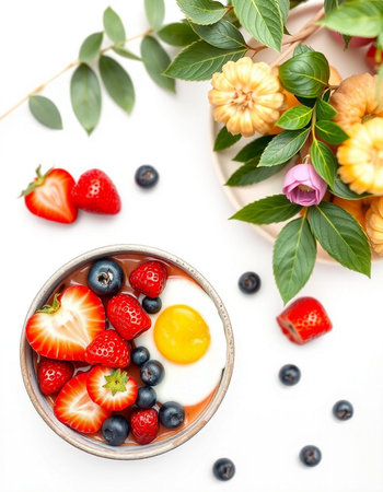 Healthy breakfast with yoghurt, berries and egg on white backgroundの写真素材