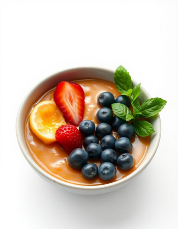 Bowl of smoothie with fresh berries and mint on white background